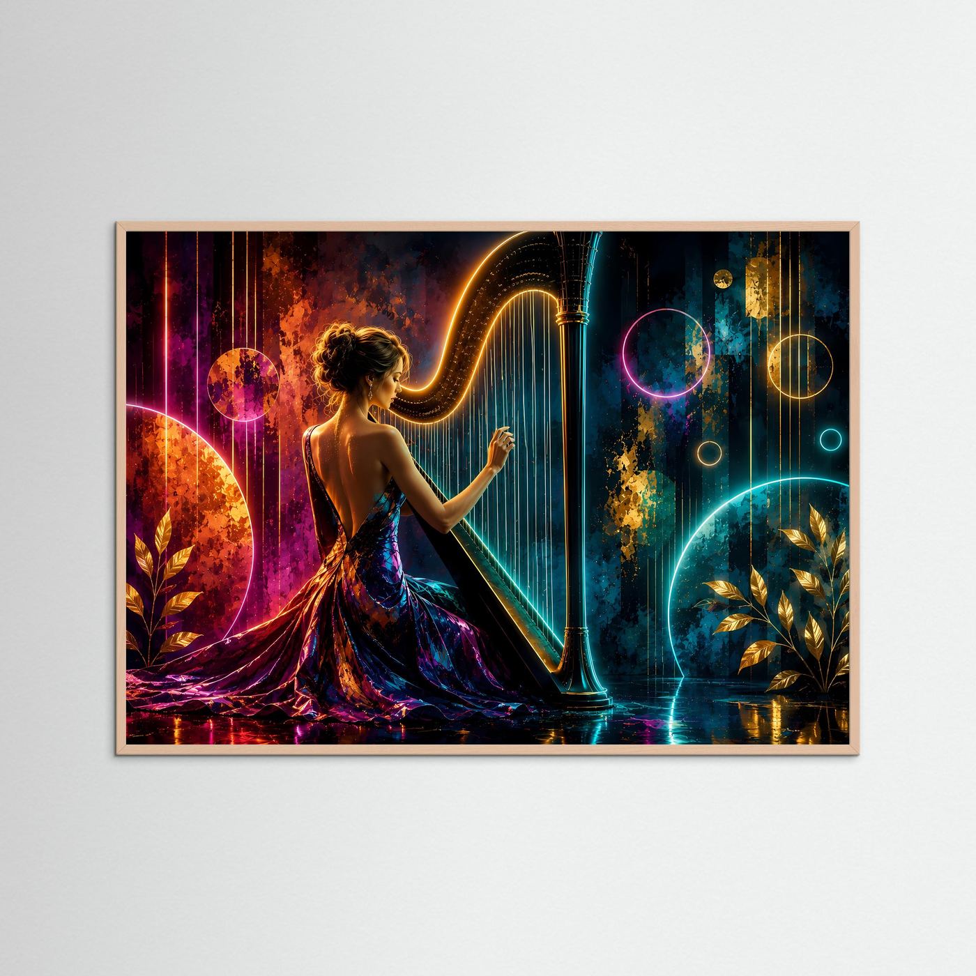 Magische Harfenklänge in Neon & Gold | Modernes Musik & Fantasy Poster Querformat
