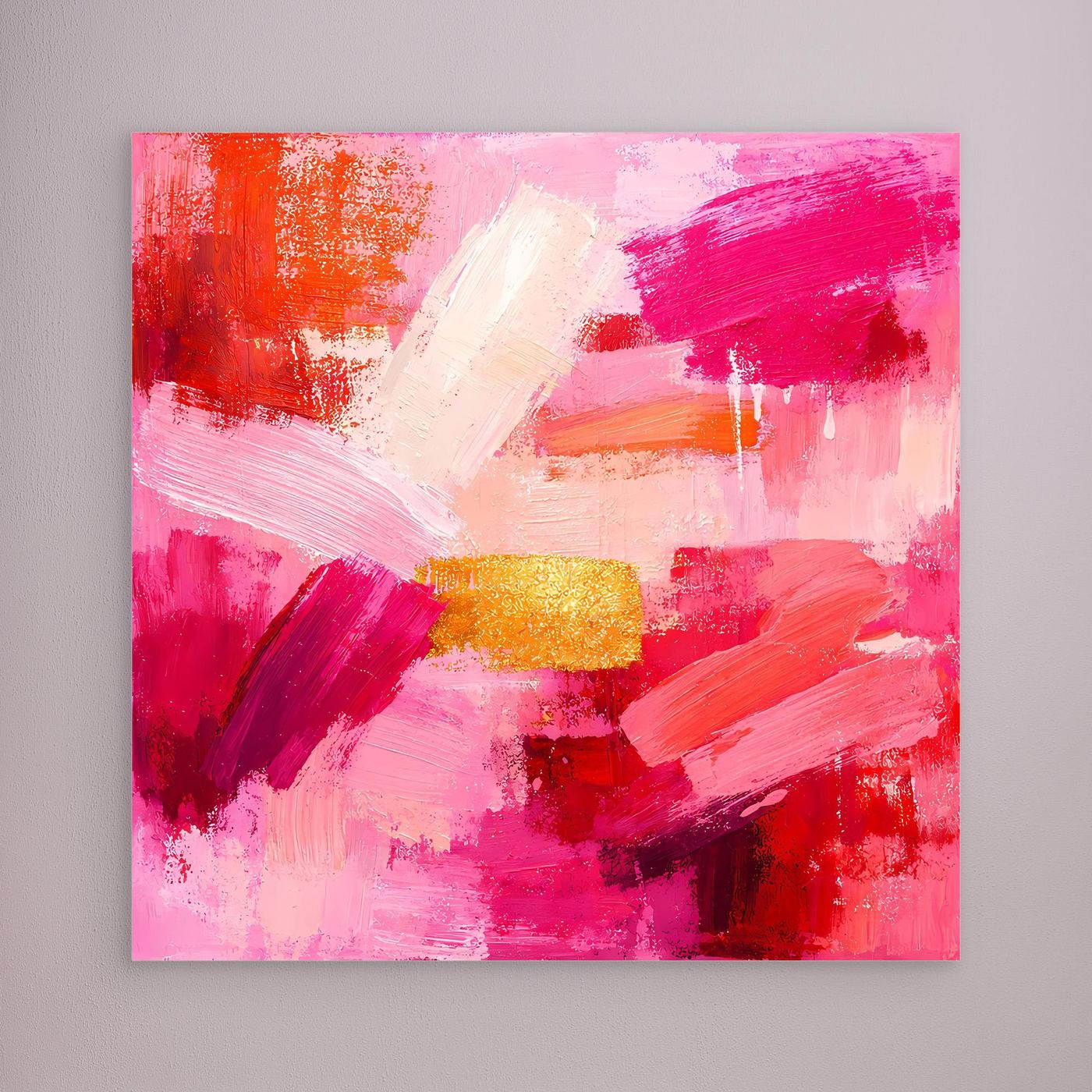 Unframed abstract canvas wall art with pink, red, and orange brushstrokes and gold accents