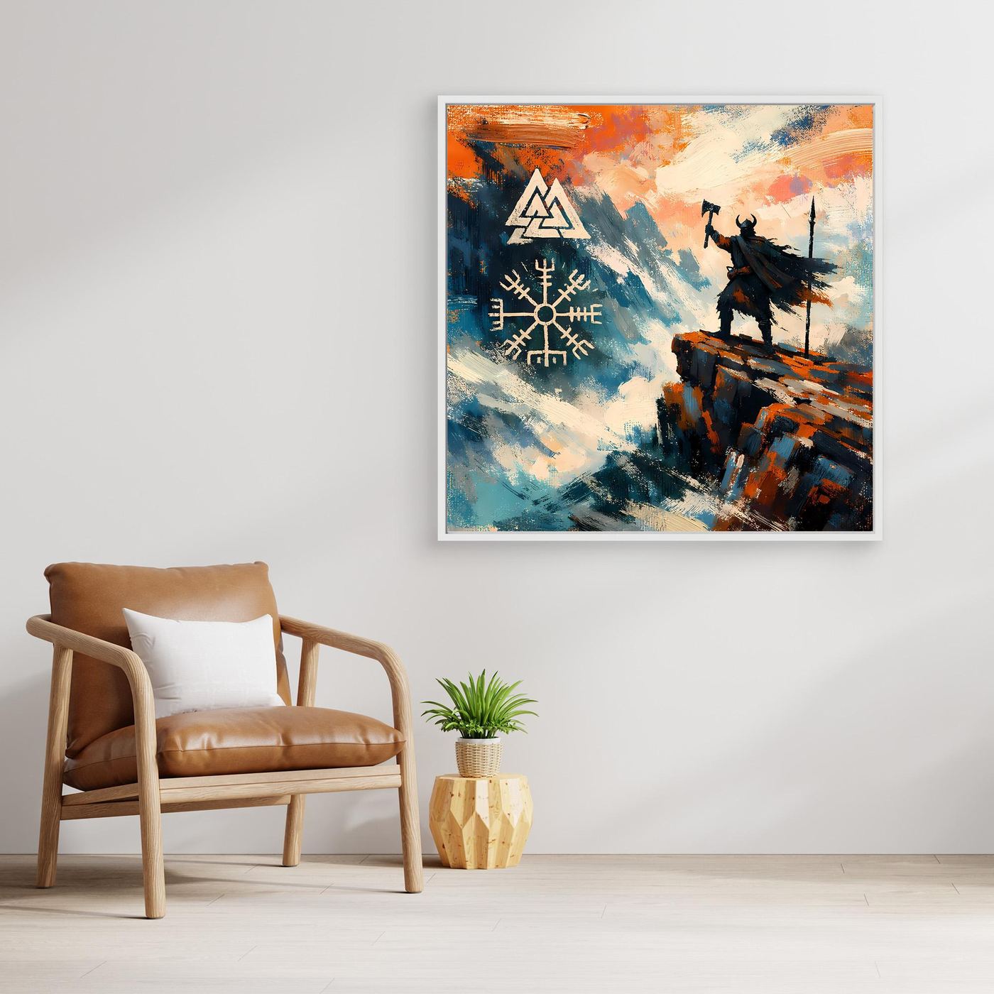 Gerahmtes Leinwand-Wandbild mit Wikingermotiv und Vegvisir, heller Rahmen