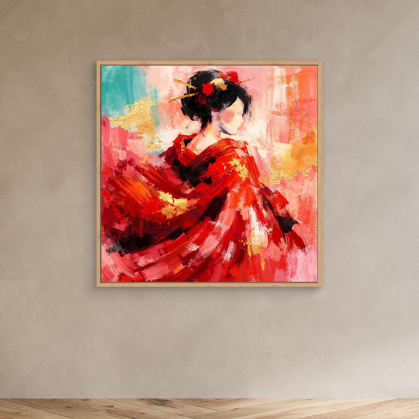Leinwandbild mit Geisha-Porträt in Rot und schwarzem Haar, mit beigem Holzrahmen