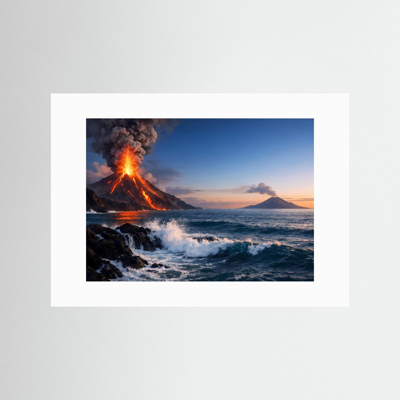 Poster Vulkan am Meer mit weißem Passepartout, Lavafontäne und schäumende Wellen