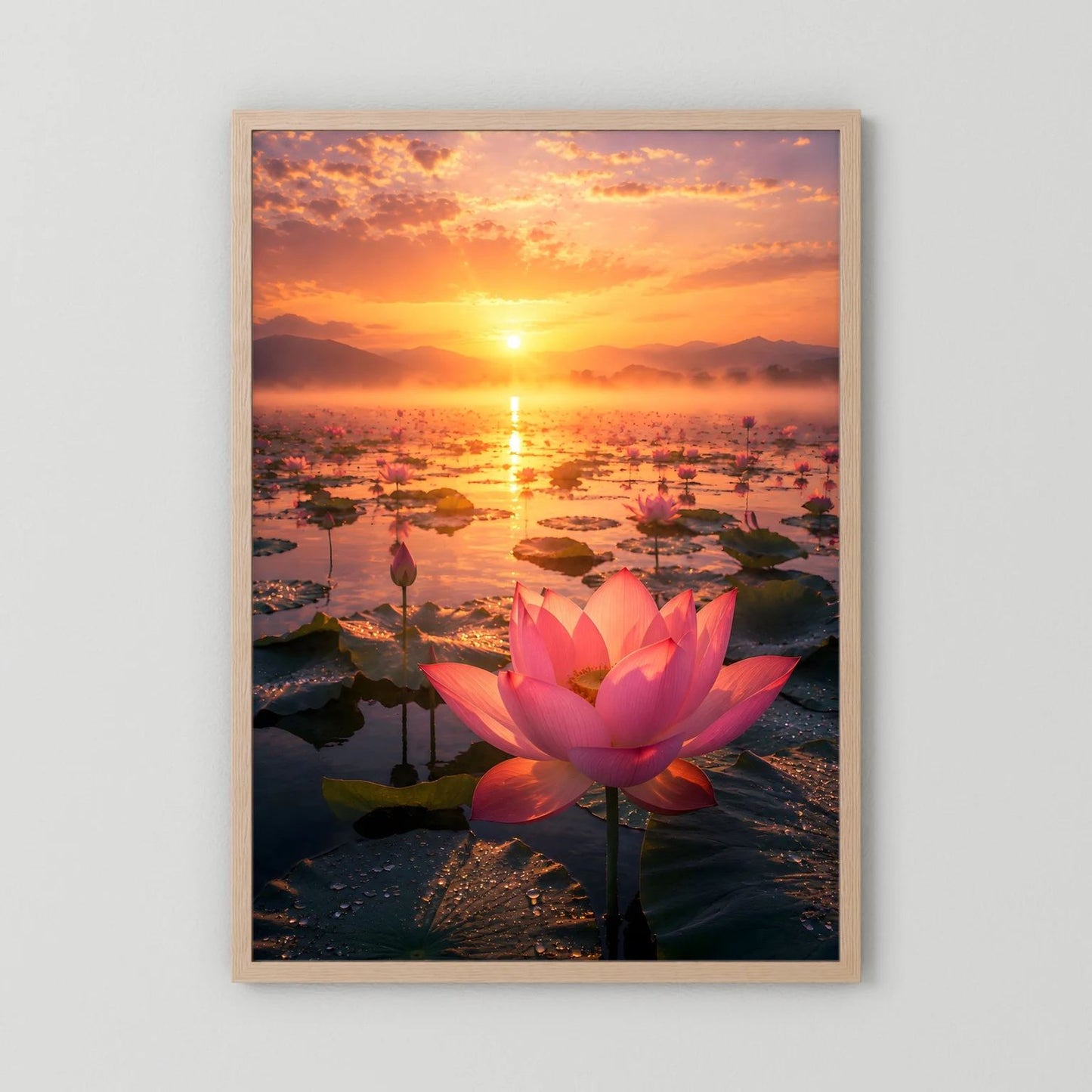 Hochformatiges Poster mit rosa Lotusblüte bei Sonnenuntergang, heller Holzrahmen