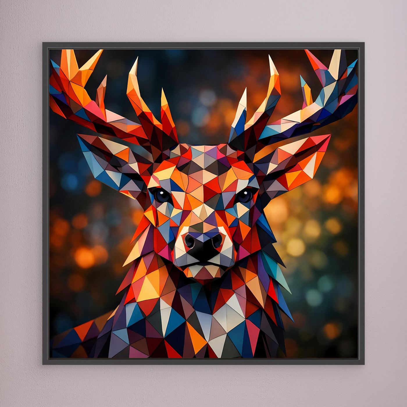 Gerahmtes Leinwandbild: geometrischer Hirsch in buntem Polygon-Stil, dunkel gerahmt