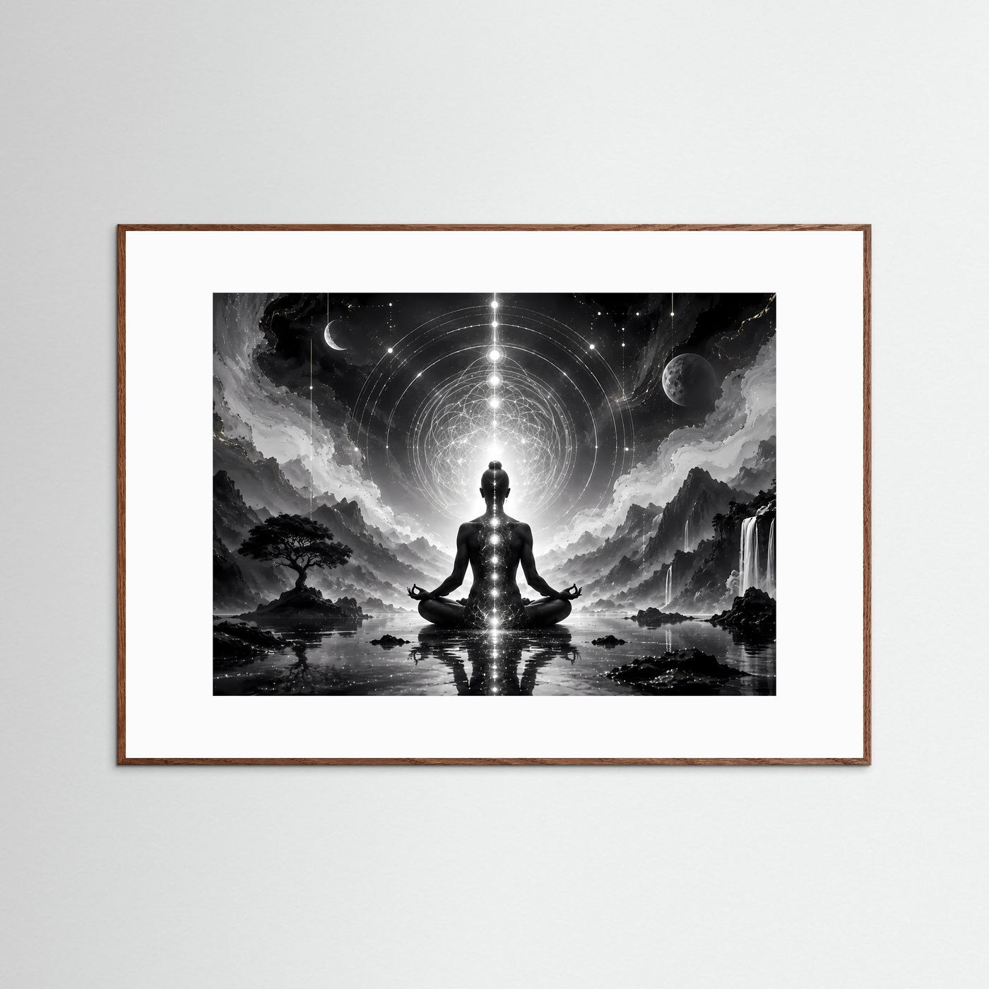 Meditation Schwarz Weiß | Spirituelles Wandbild mit Chakren & Heiliger Geometrie