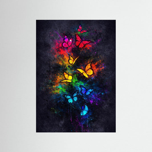 Wandbild mit Schmetterlingen in leuchtenden Regenbogenfarben, ohne sichtbaren Rahmen