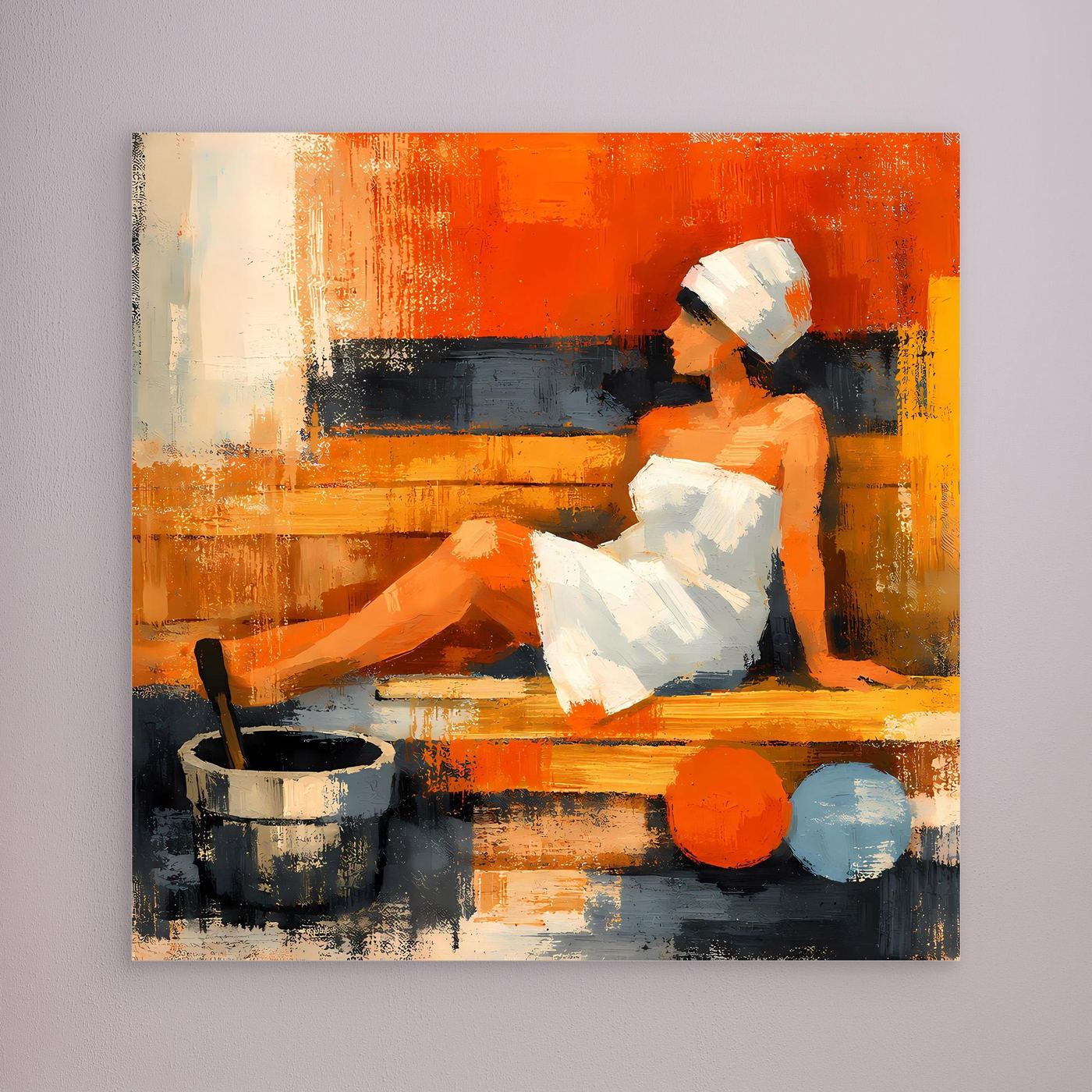 Framed canvas wall art: abstract woman in sauna pose, white towel, orange and black shapes