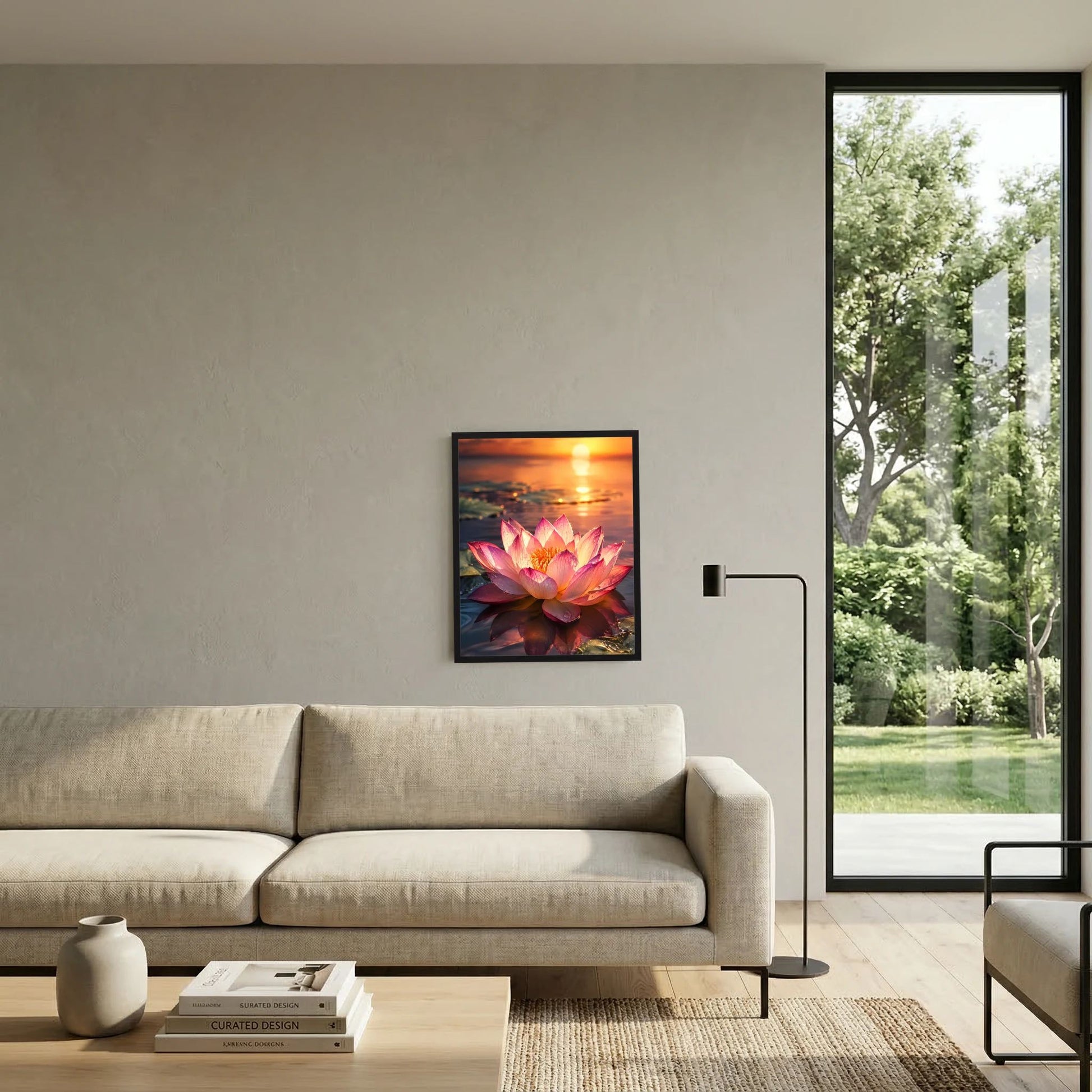 Poster mit rosa Lotusblüte beim Sonnenuntergang in schwarzem Rahmen neben Sofa