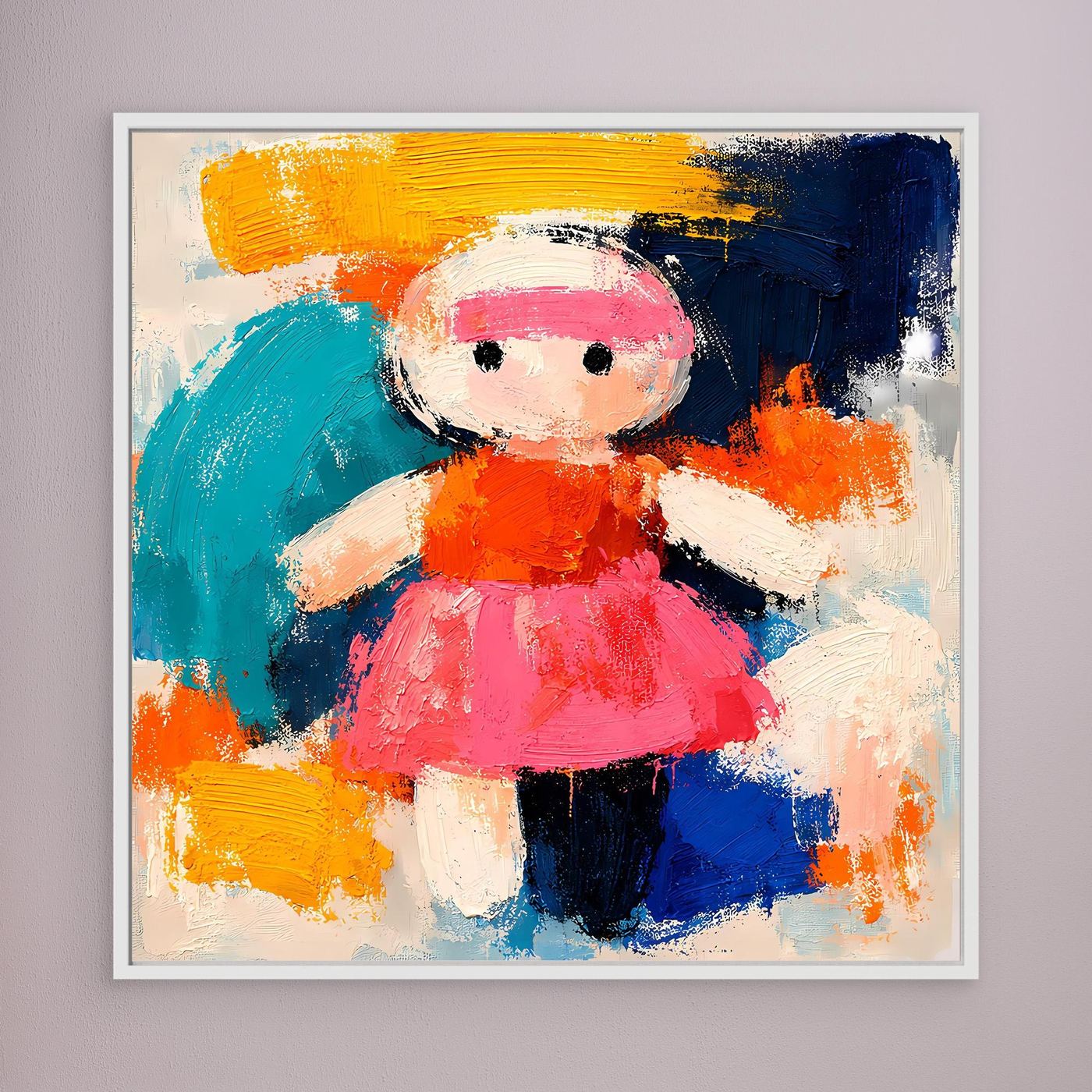 Abstract doll canvas wall art showing full figure with pink hat and bright dress, white frame