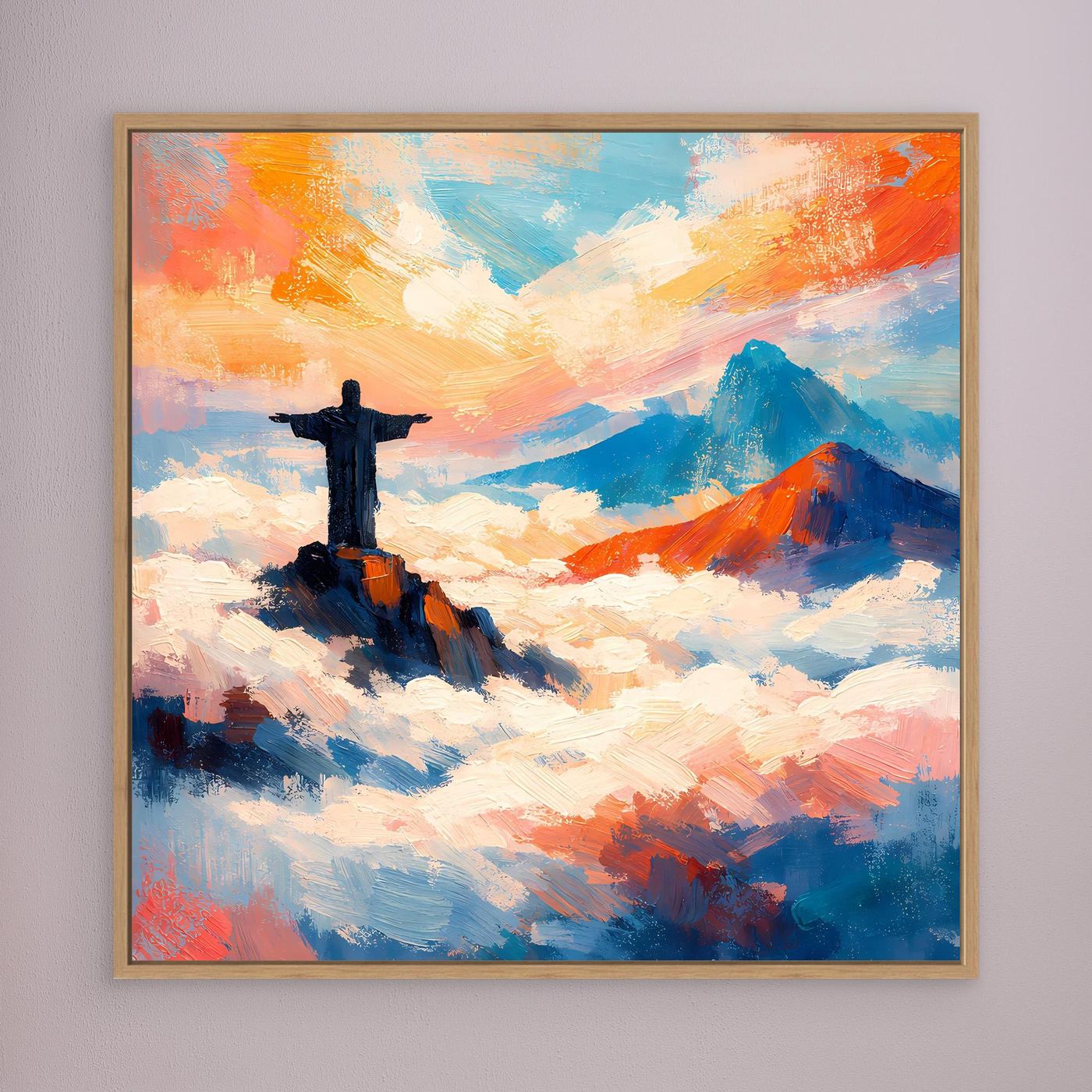 Wandbild auf Leinwand: abstrakter Christus auf Wolken, farbiger Himmel, braun gerahmt