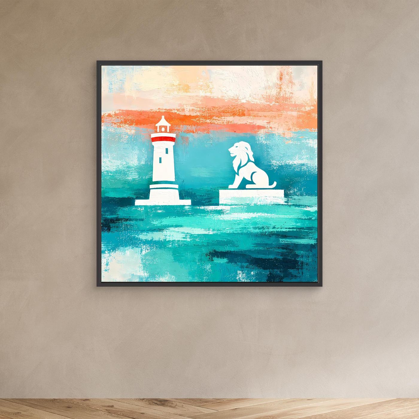 Leinwand Maritimer Leuchtturm und Löwe | Abstraktes Küsten Wandbild Lindau