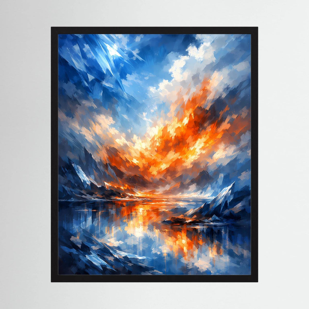 Gerahmtes abstraktes Wandbild mit blauen Strukturen, orangeem Feuer und Reflexion