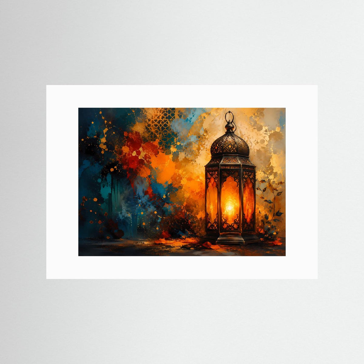 Poster mit weißem Passepartout: orientalische Laterne rechts, warmes Licht, Farbexplosion