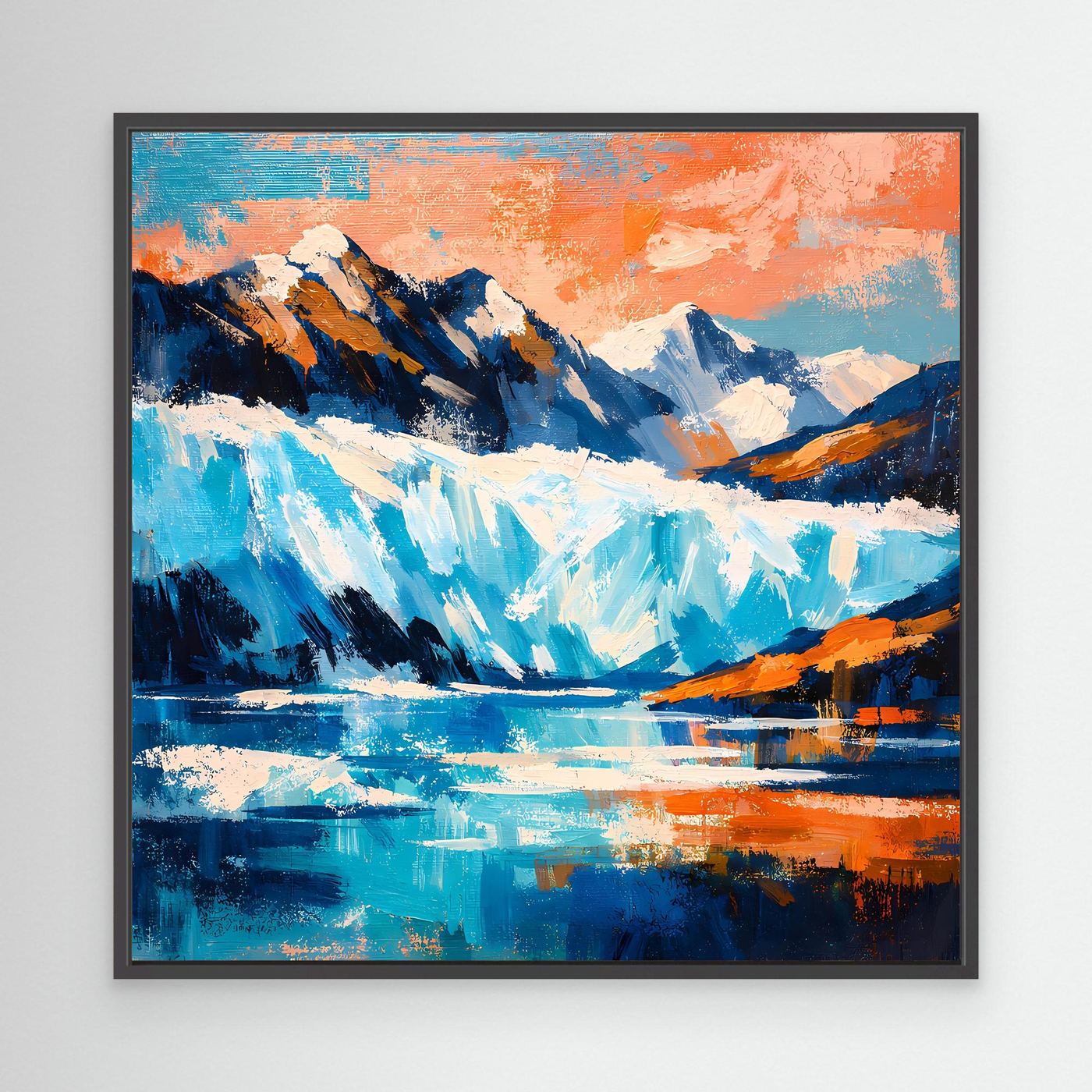 Wandbild mit abstrakter Arktislandschaft im schwarzen Rahmen: Berge, Gletscher, Eis.