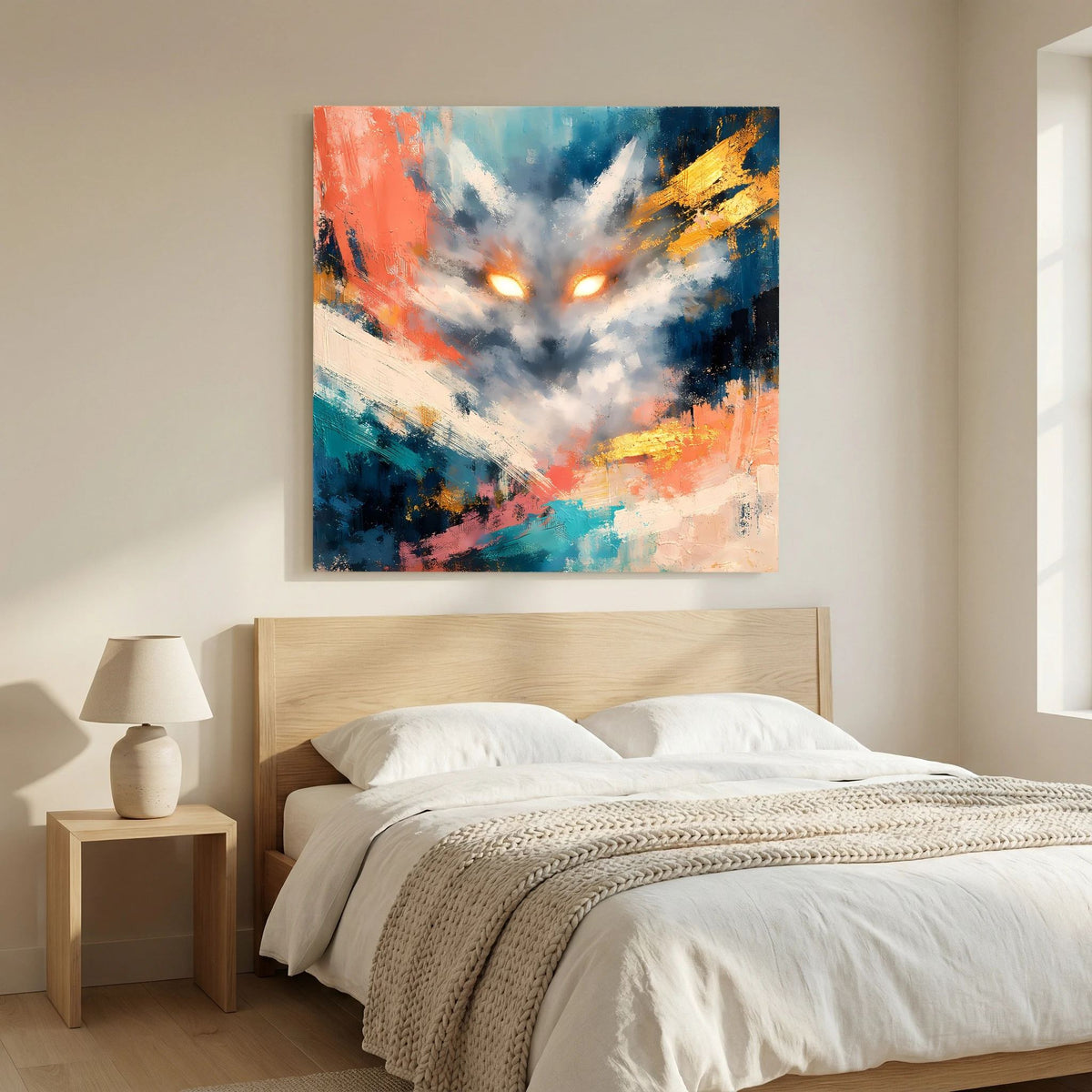 Quadratisches Leinwandbild mit abstraktem Fuchs und leuchtenden Augen, türkis-orangene Töne