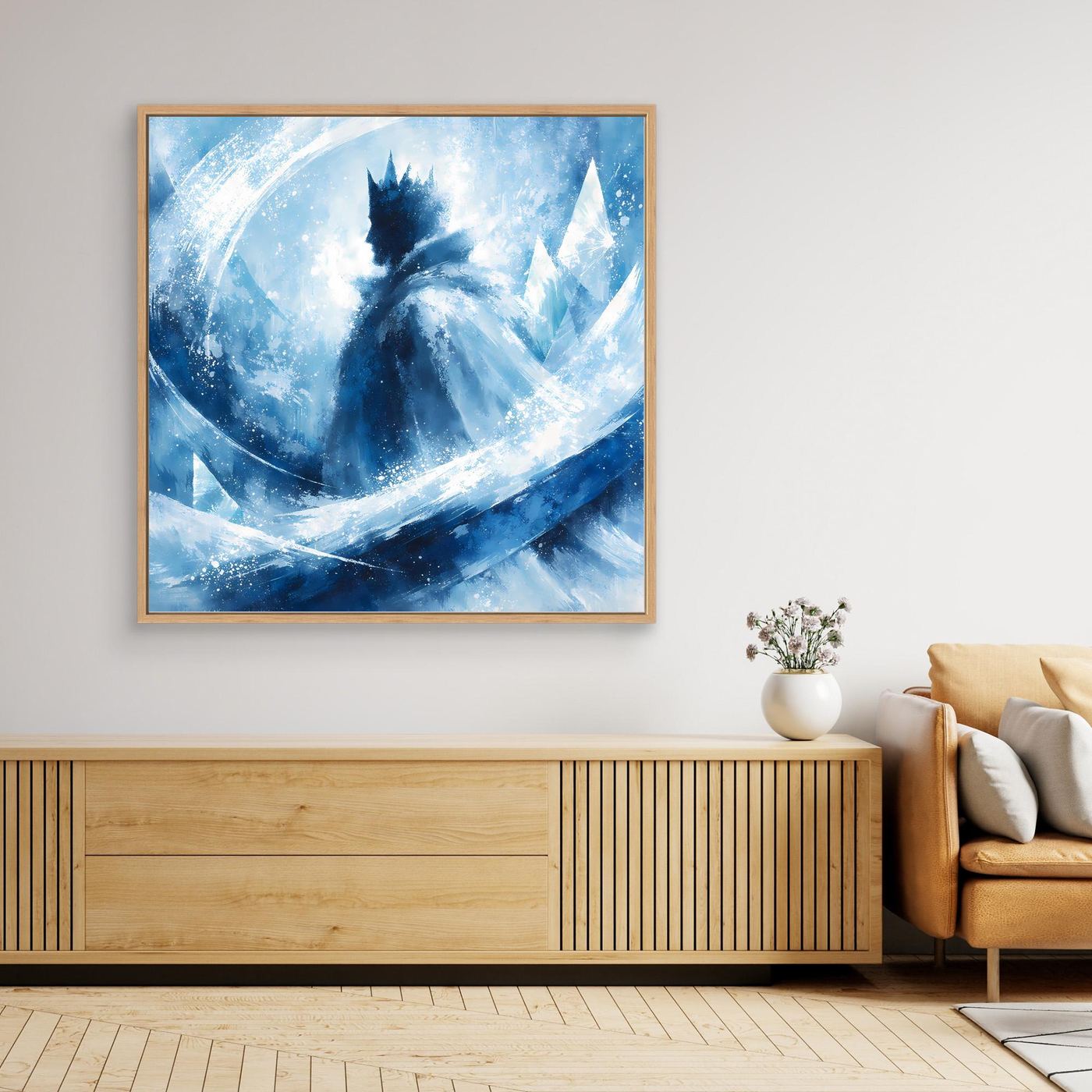 Leinwandbild mit goldenem Rahmen, blaues Winterabstrakt mit Eissilhouette und Mondkreis