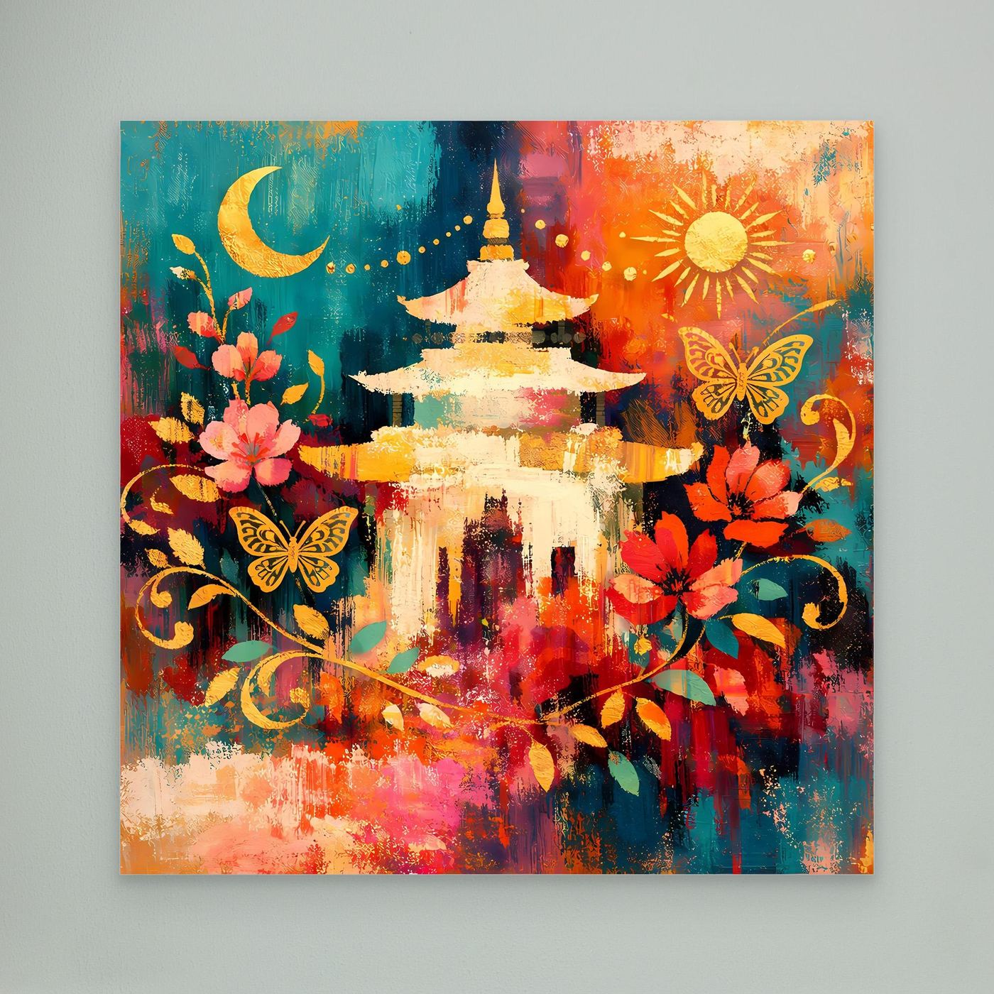 Wandbild mit goldener Pagode, Mond, Sonne, Blumen und Schmetterlingen im weißem Rahmen