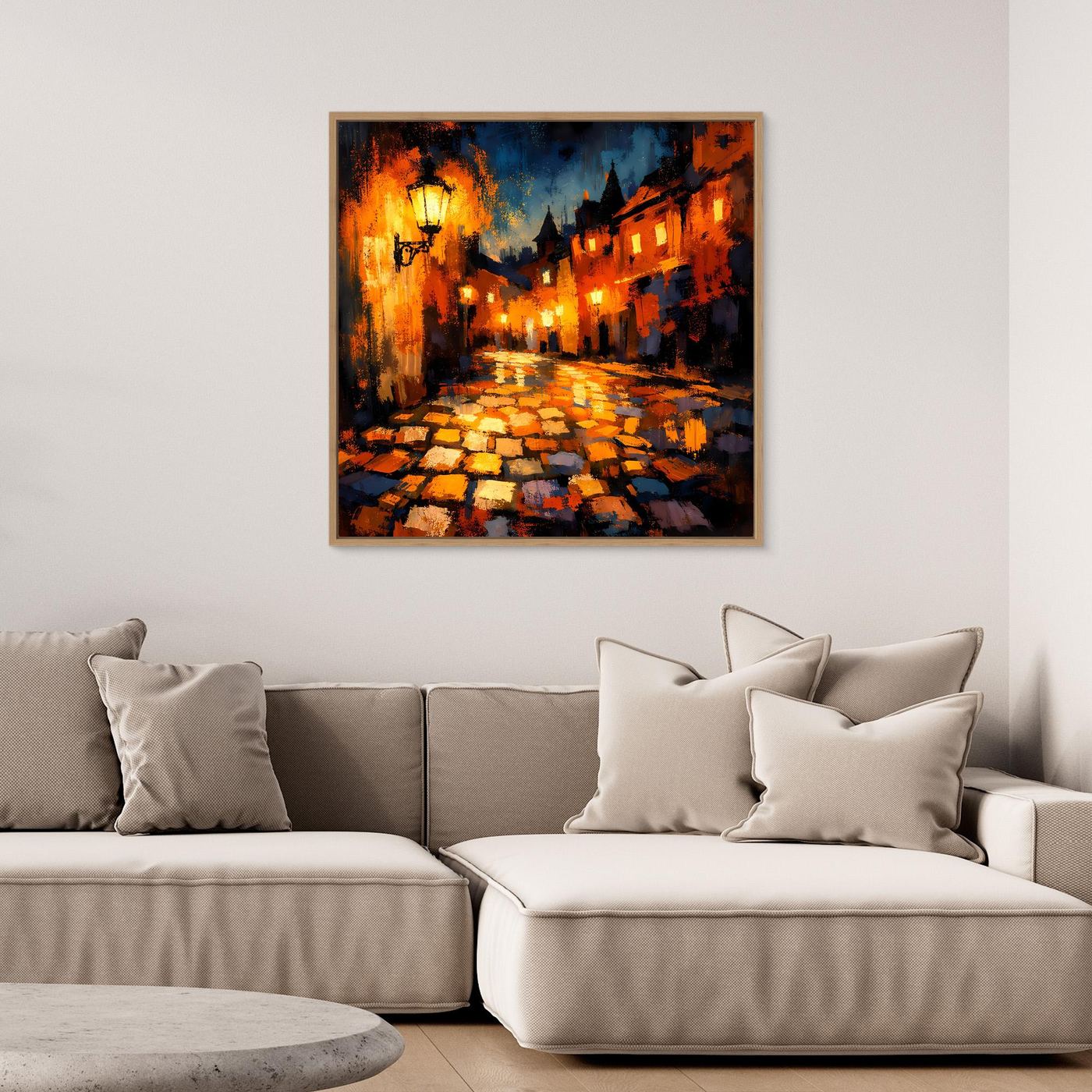 Leinwand Abstraktes Altstadt Gemälde | Modernes Romantisches Gassen Wandbild bei Nacht