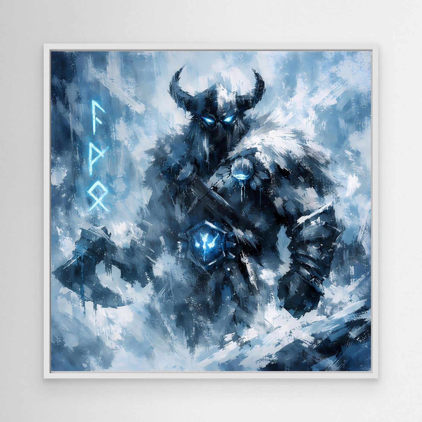 Wandbild mit weißem Rahmen: abstrakter Eiskrieger mit Geweihhelm und blau leuchtendem Amulett