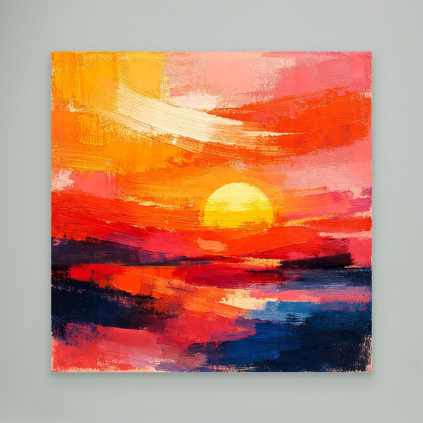 Abstract sunset wall art canvas with glowing sun and painterly sea layers in red, orange, and navy.