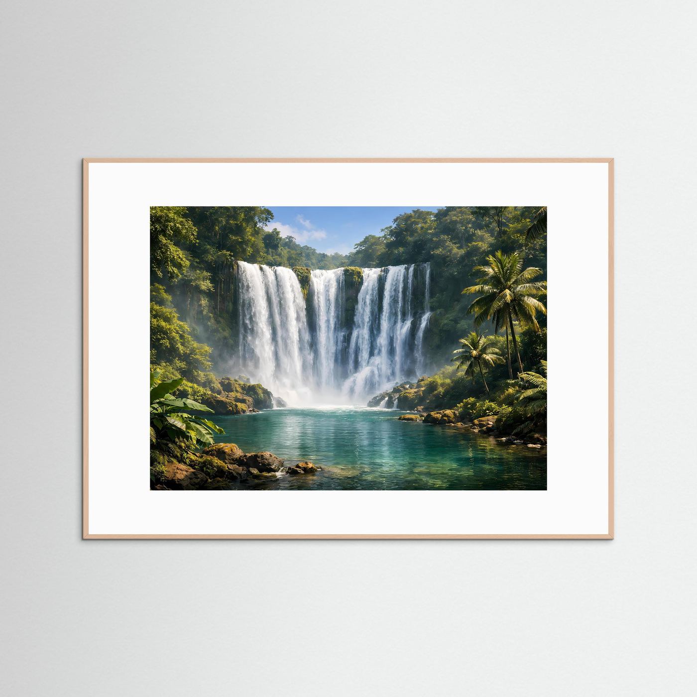 Tropen-Wasserfall-Poster im Querformat mit Naturholzrahmen und weißem Rand
