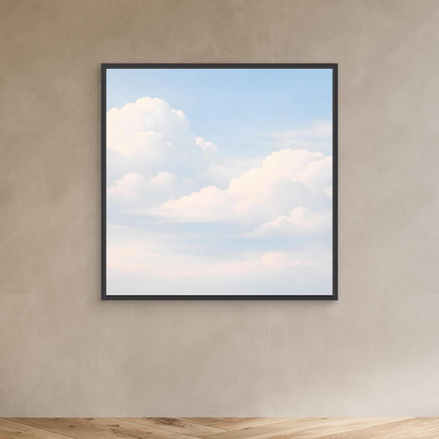 Quadratisches Leinwandbild mit pastellfarbenen Wolken am hellblauen Himmel, schwarzer Rahmen