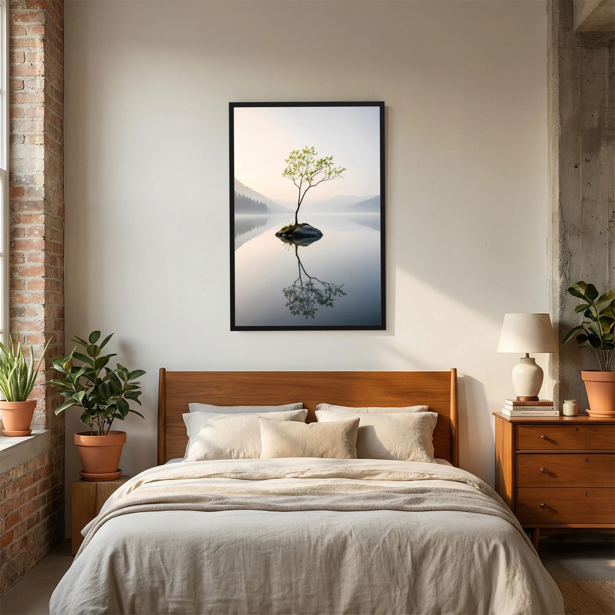 Einsamer Baum im Bergsee | Minimalistische Natur mit Spiegelung | Poster Hochformat