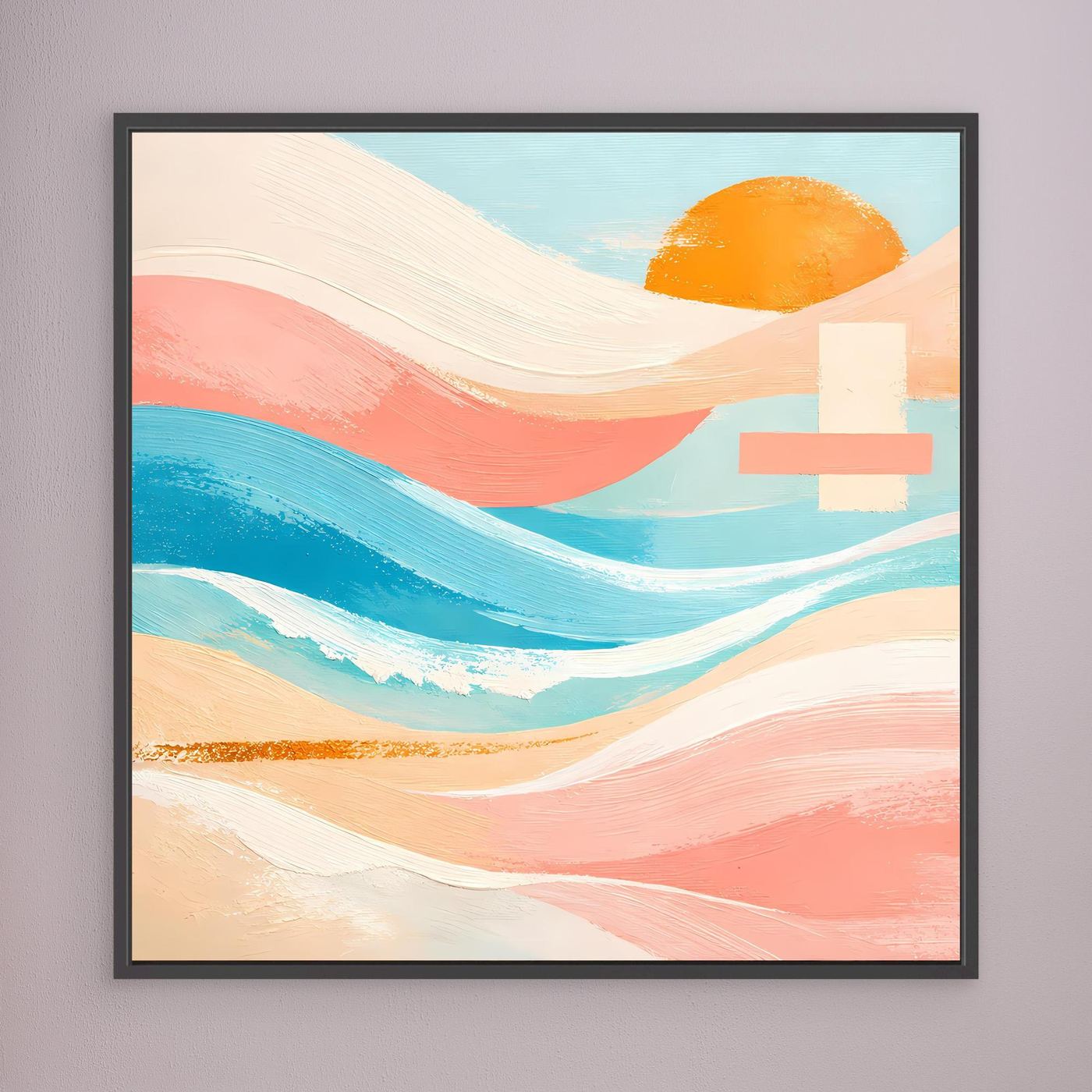 Leinwandbild mit abstrakten Meereswellen in Pastellfarben und orangefarbener Sonne, schwarz gerahmt