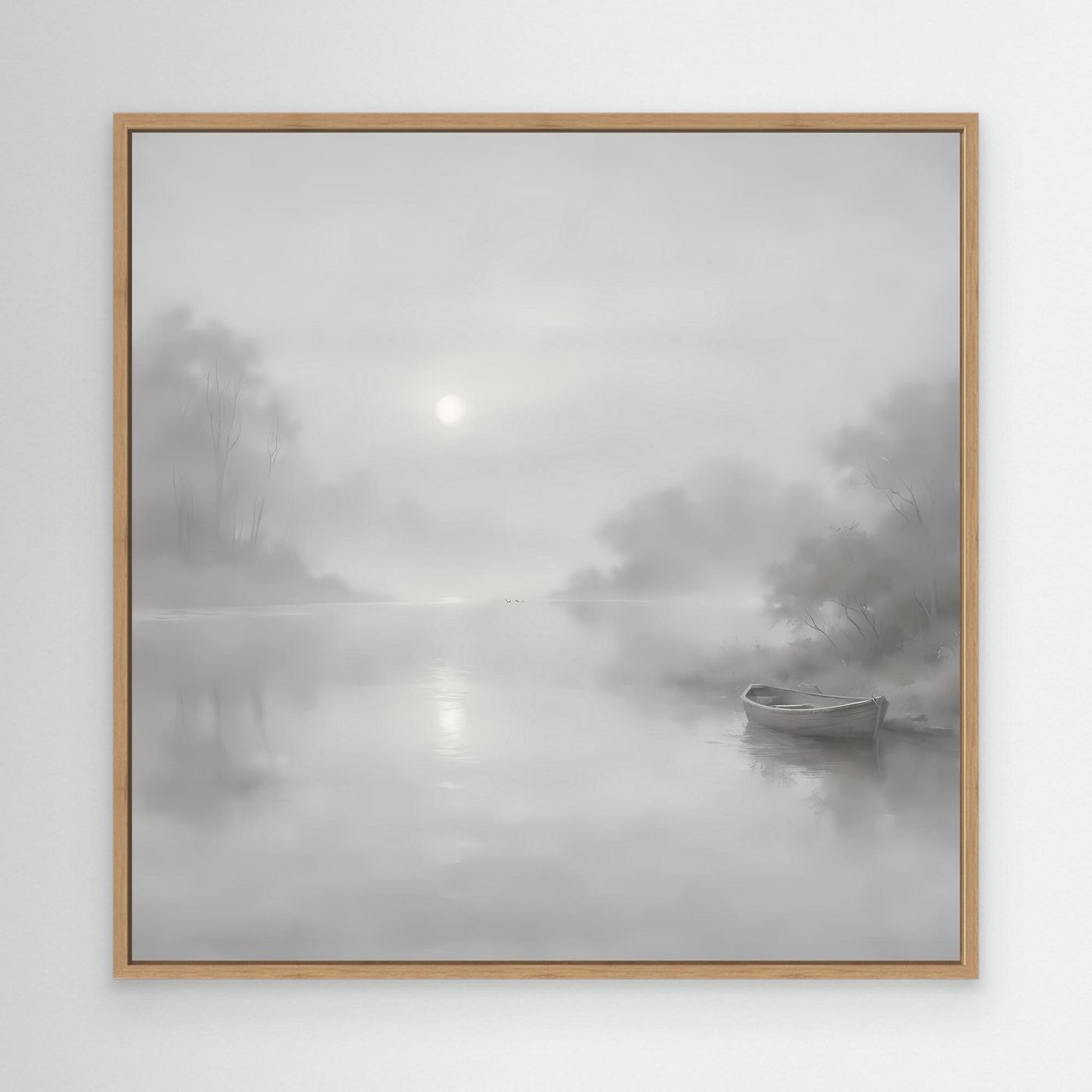Leinwandbild mit nebligem Flussmotiv in Grau, quadratisch, Eichenrahmen