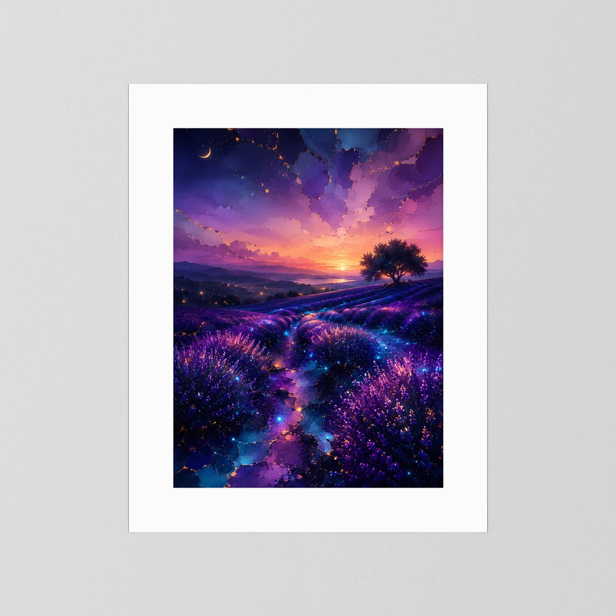 Hochformat-Poster mit Lavendelfeld bei Sonnenuntergang, violett-blau, ohne Rahmen, mit weißem Rand