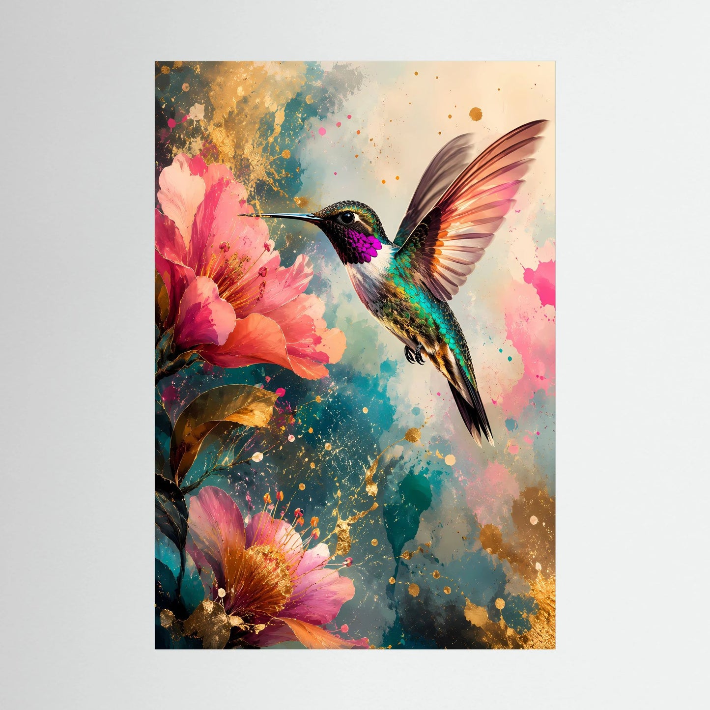 Hochformatiges Kunstposter mit Kolibri in Türkisgrün, Pinkblüten und goldfarbenen Sprenkeln