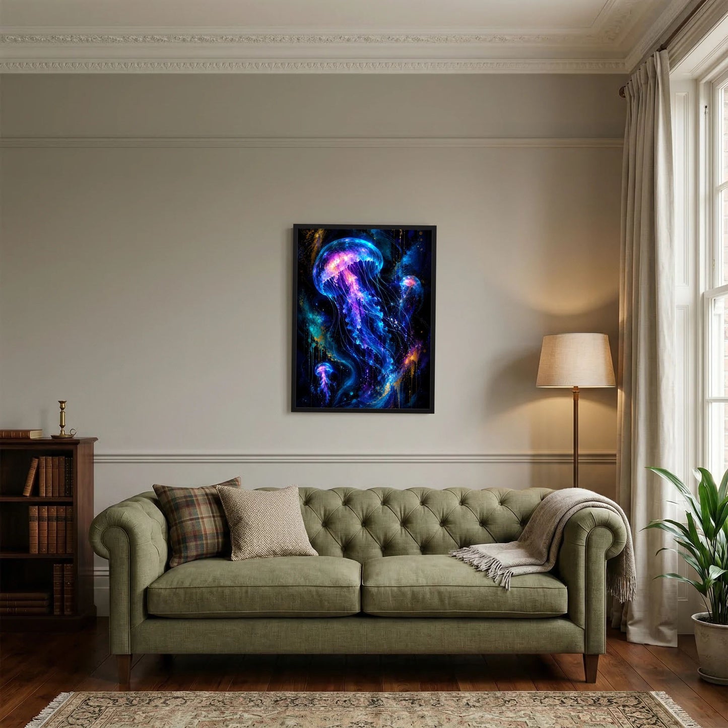 Hochformat-Poster mit leuchtenden Quallen in Neonblau und Violett, schwarzer Rahmen