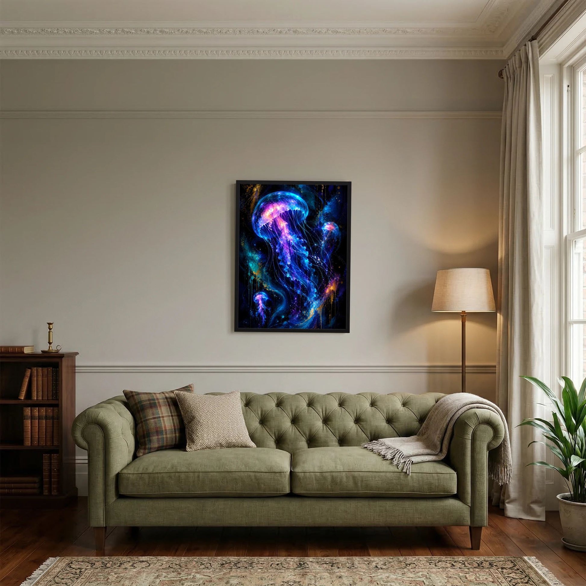 Hochformat-Poster mit leuchtenden Quallen in Neonblau und Violett, schwarzer Rahmen