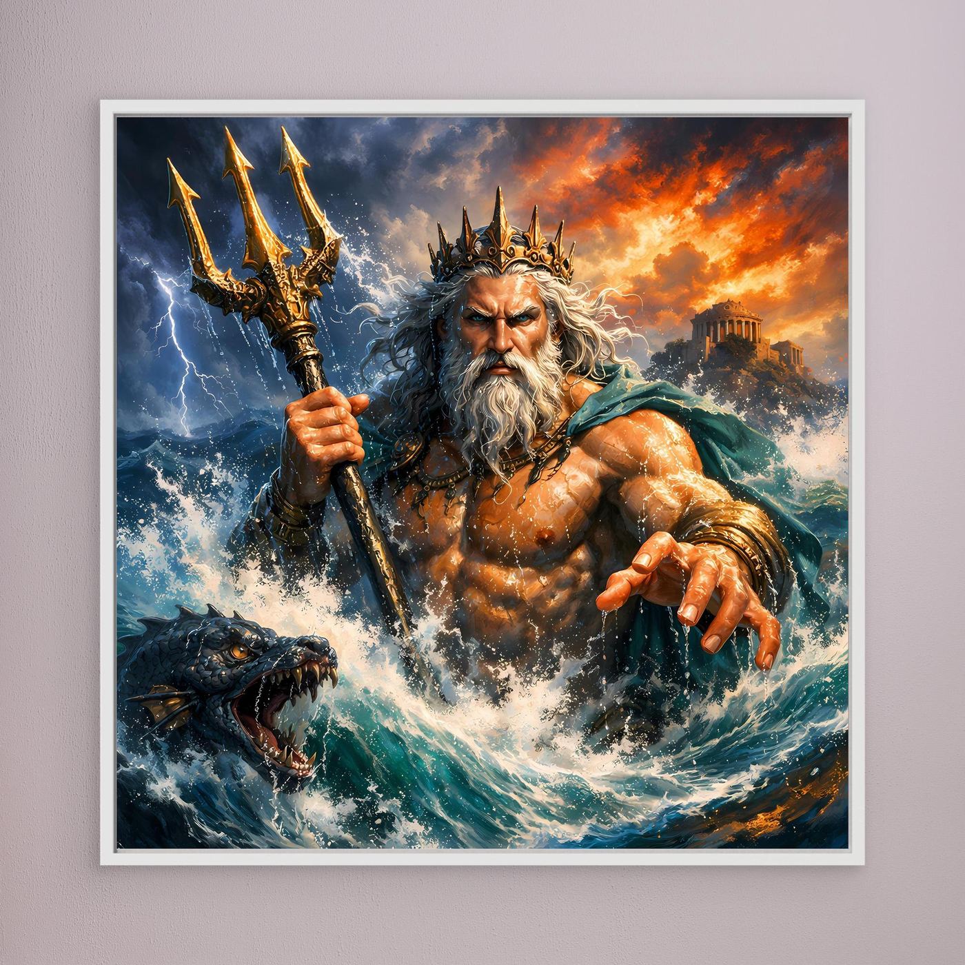 Leinwand Monumentaler Poseidon im Wellenrausch | Mythisches Meeresgott Wandbild