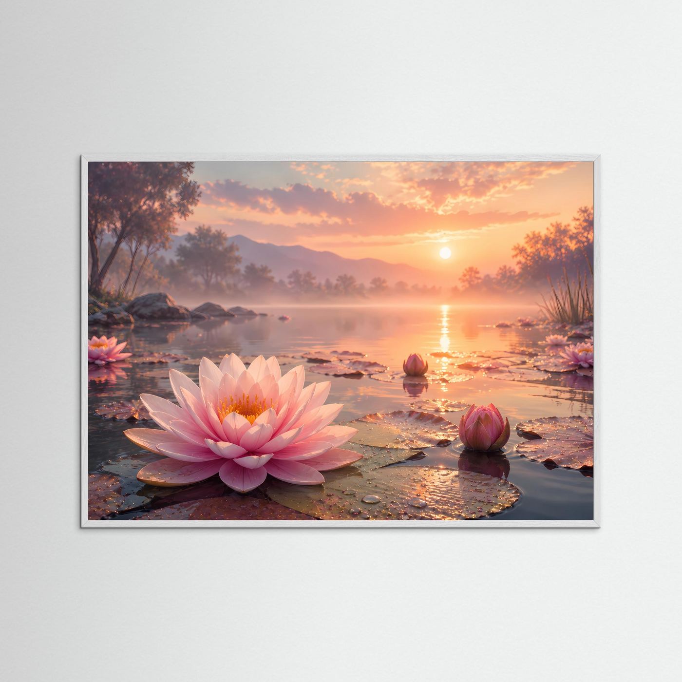 Poster mit rosa Seerosen auf See bei Sonnenuntergang, weißer Rahmen, querformat