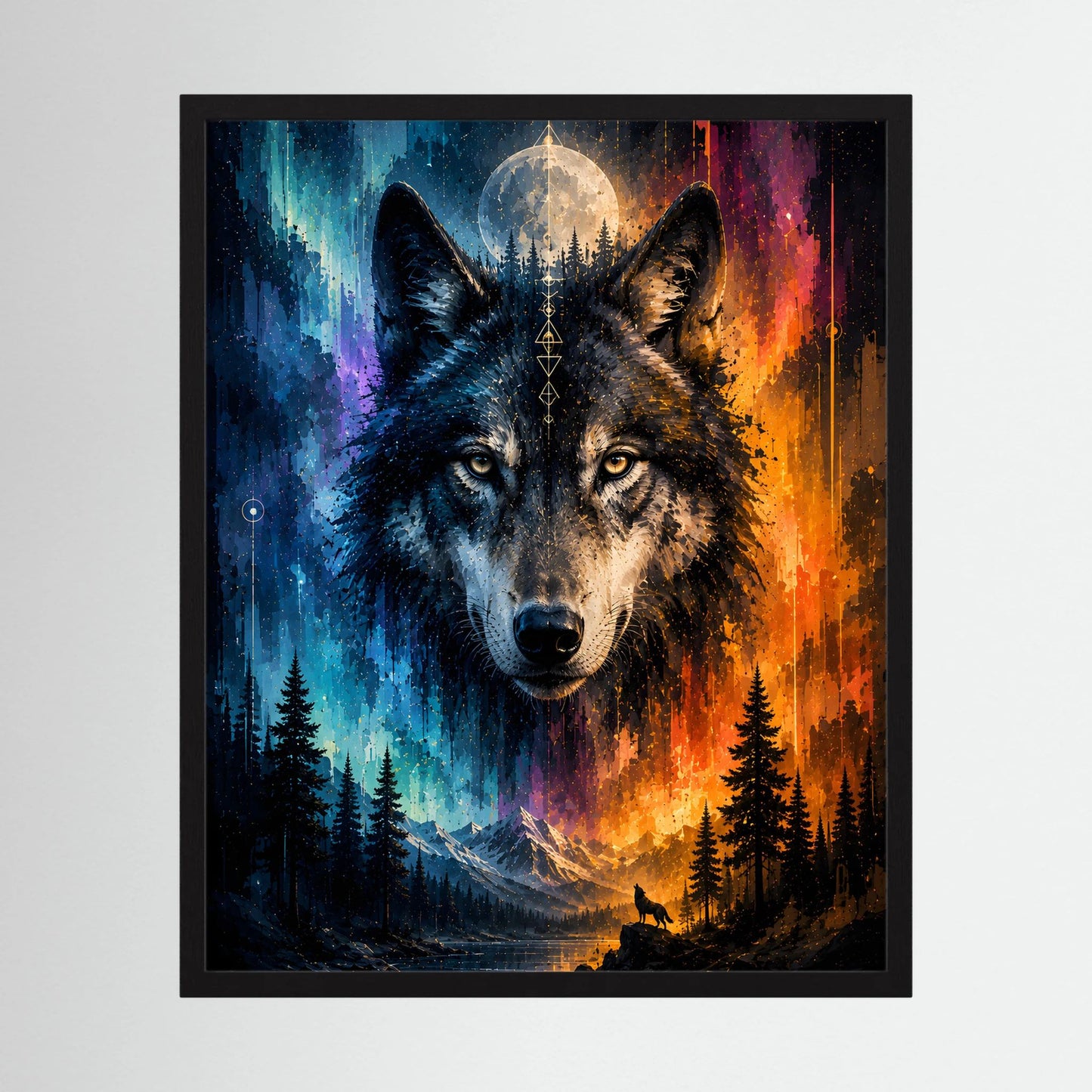 Wolfsposter mit zwei Wölfen im Mondschein, im schwarzen Rahmen
