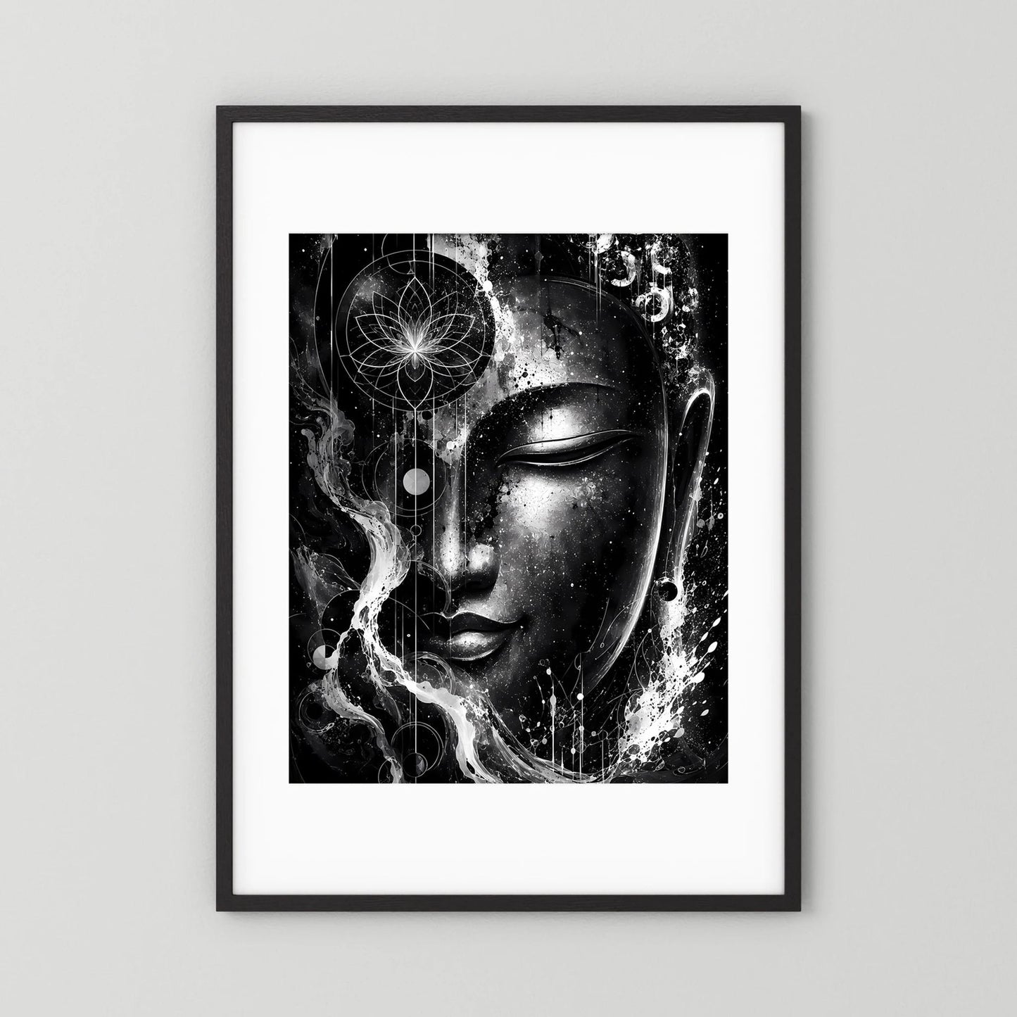 Poster mit abstraktem Buddha-Gesicht in Schwarzweiß, schwarzer Rahmen mit weißem Rand