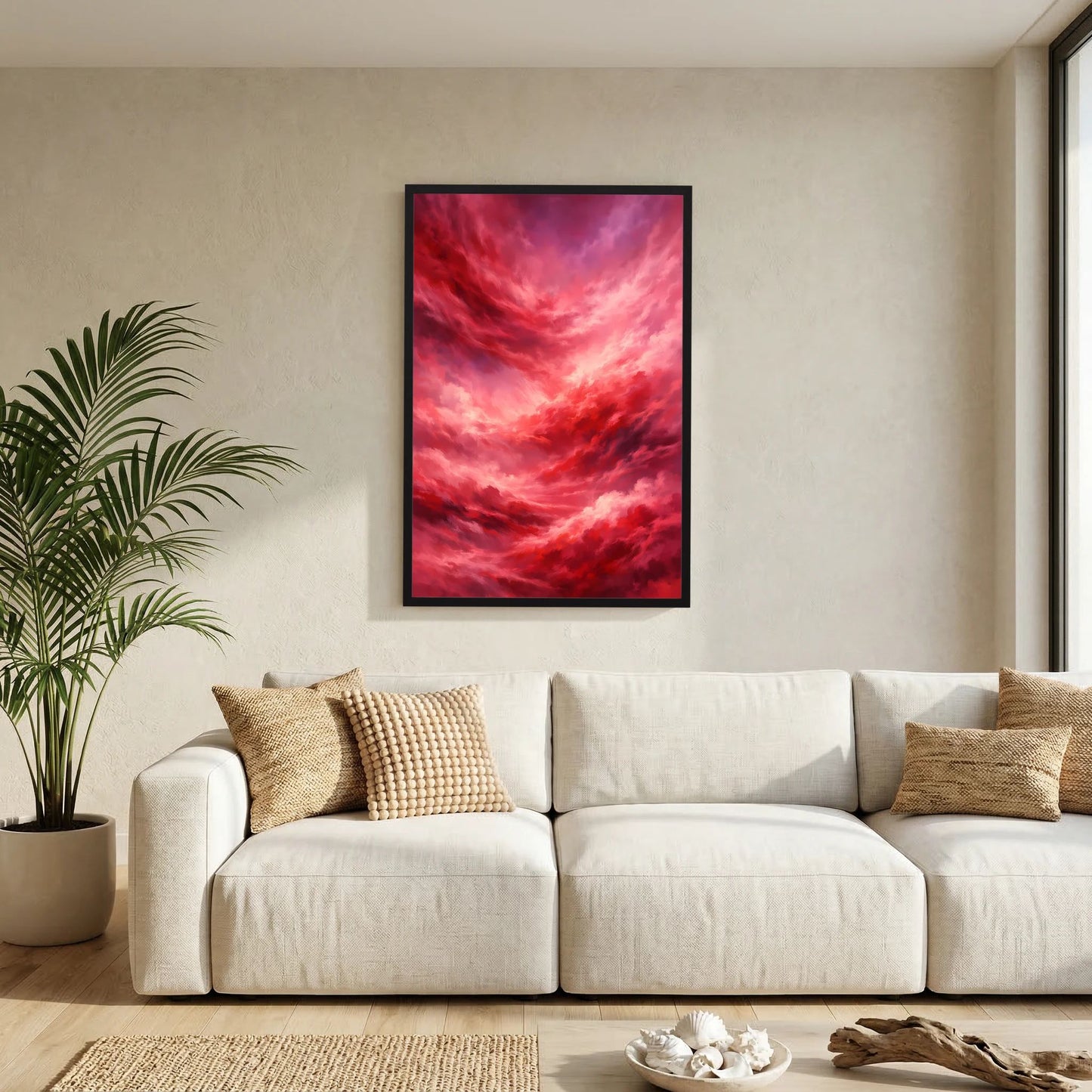 Hochformat-Poster mit rotem Wolkenhimmel, schwarzer Rahmen an der Wand.