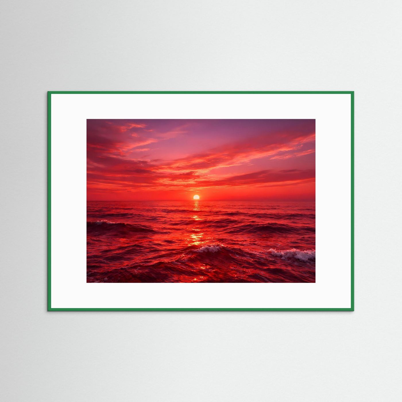 Gerahmtes Wandbild: Sonnenuntergang über dem Meer, roter Himmel, grüner Rahmen, weißer Rand