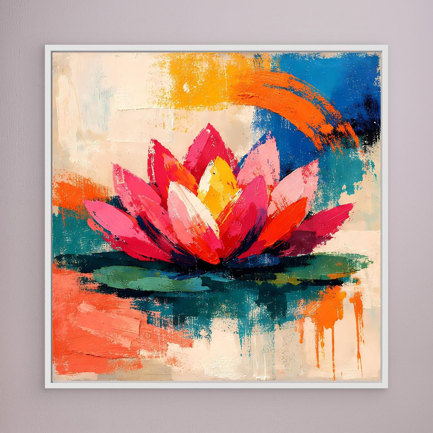 White-framed abstract lotus wall art with pink bloom and layered orange, blue, and teal strokes
