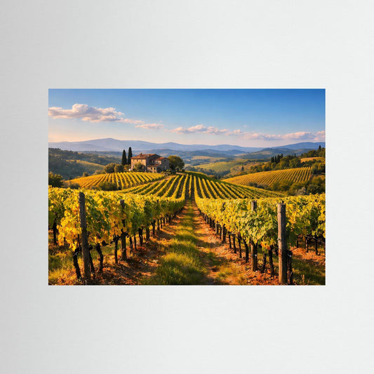Weinberge-Poster im Querformat mit blauen Rahmen, Panorama mit Weinstöcken und Hügellandschaft
