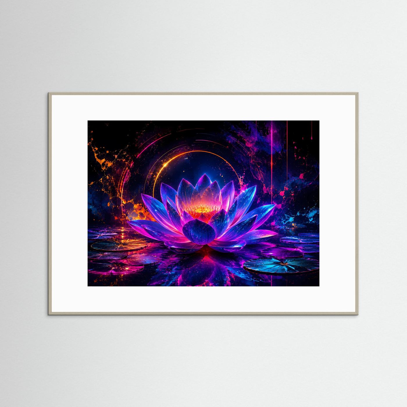 Leuchtender Lotus in Neonfarben | Abstrakte Lotusblume in Pink, Blau & Violett