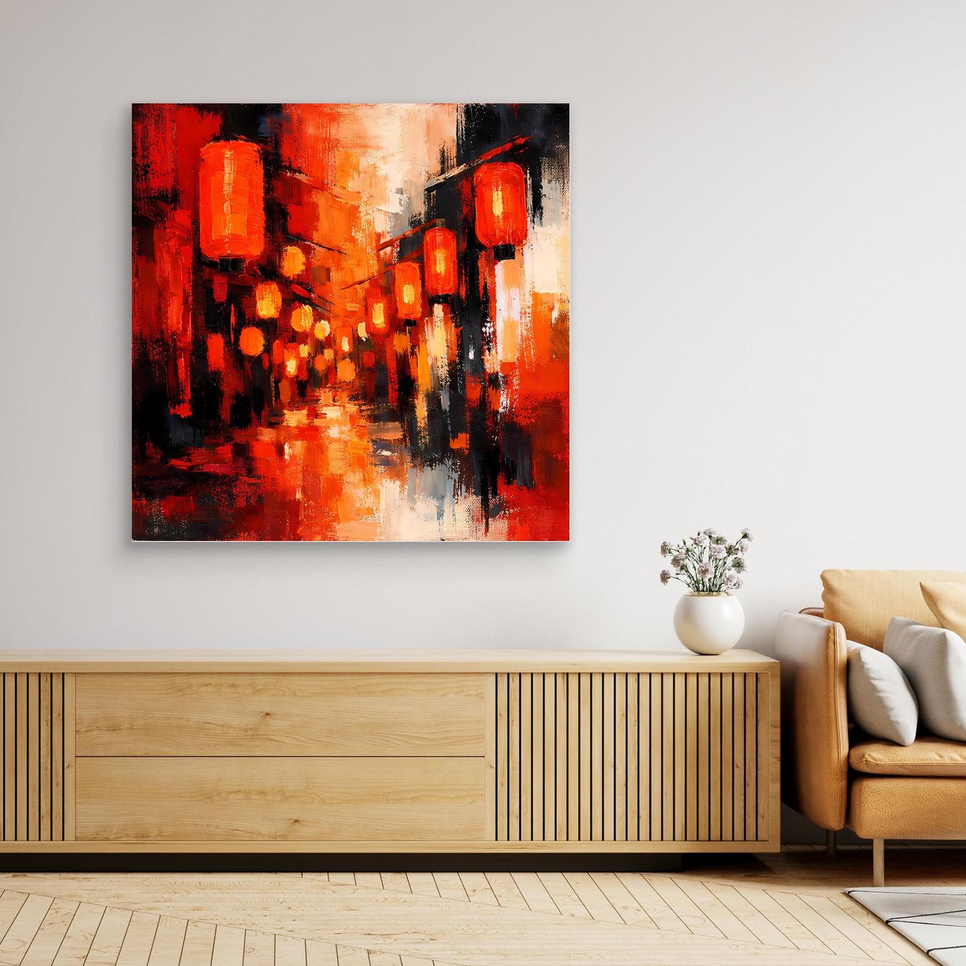Leinwand Traditionelle Rote Lampions in asiatischer Gasse | Fernöstliche Wandkunst auf echter Leinwand