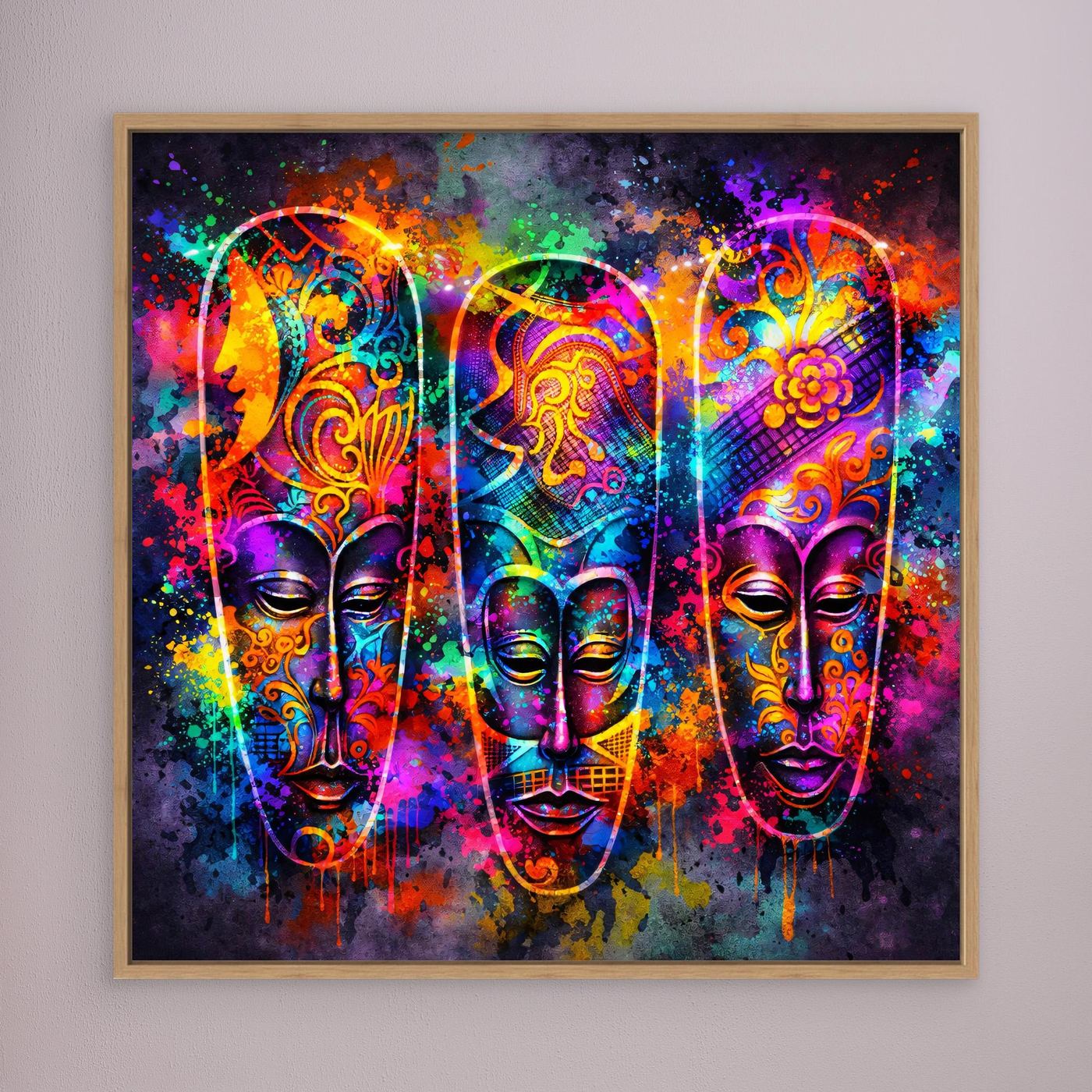 Leinwandbild mit drei farbigen Masken im Neon-Stil, goldbrauner Holzrahmen