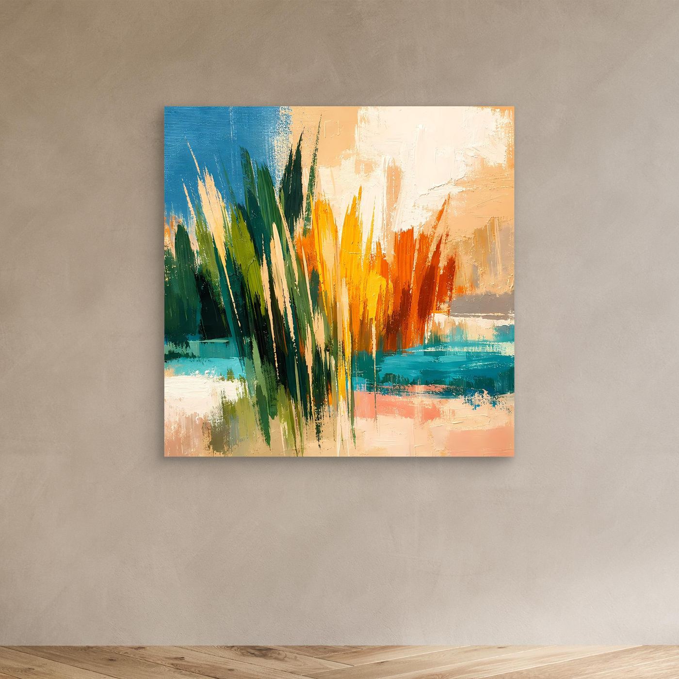 Wandbild mit abstrakter Schilflandschaft und Meer, nur Leinwand
