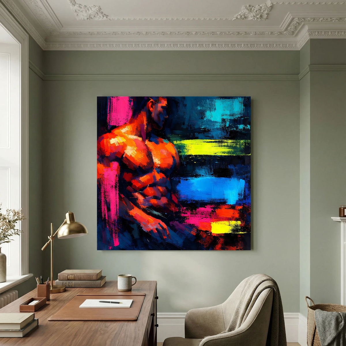 Leinwandbild: abstrakter männlicher Torso in Neonfarben, orange, pink und blau, gelbe Akzente