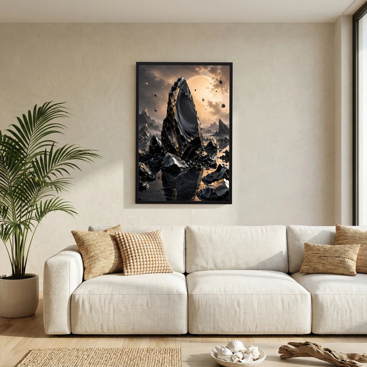 Gerahmtes Hochformat-Poster mit schwarzem Felsmonolith und goldener Lichtquelle