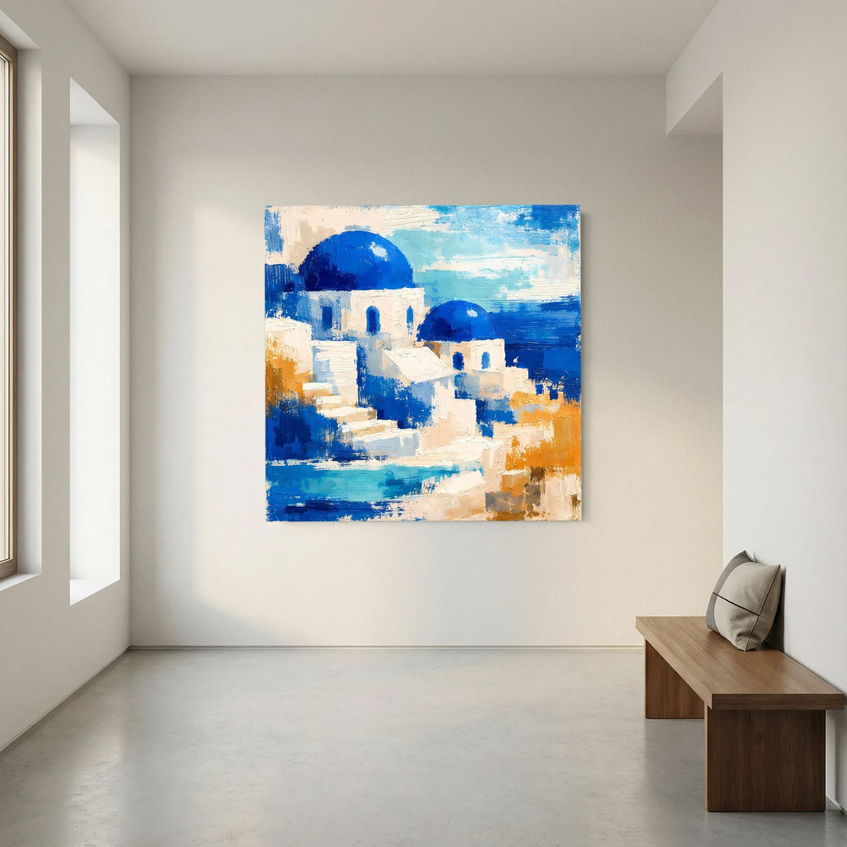 Quadratisches Leinwand-Wandbild: abstrakte Häuser mit blauen Kuppeln, Weiß und Orange