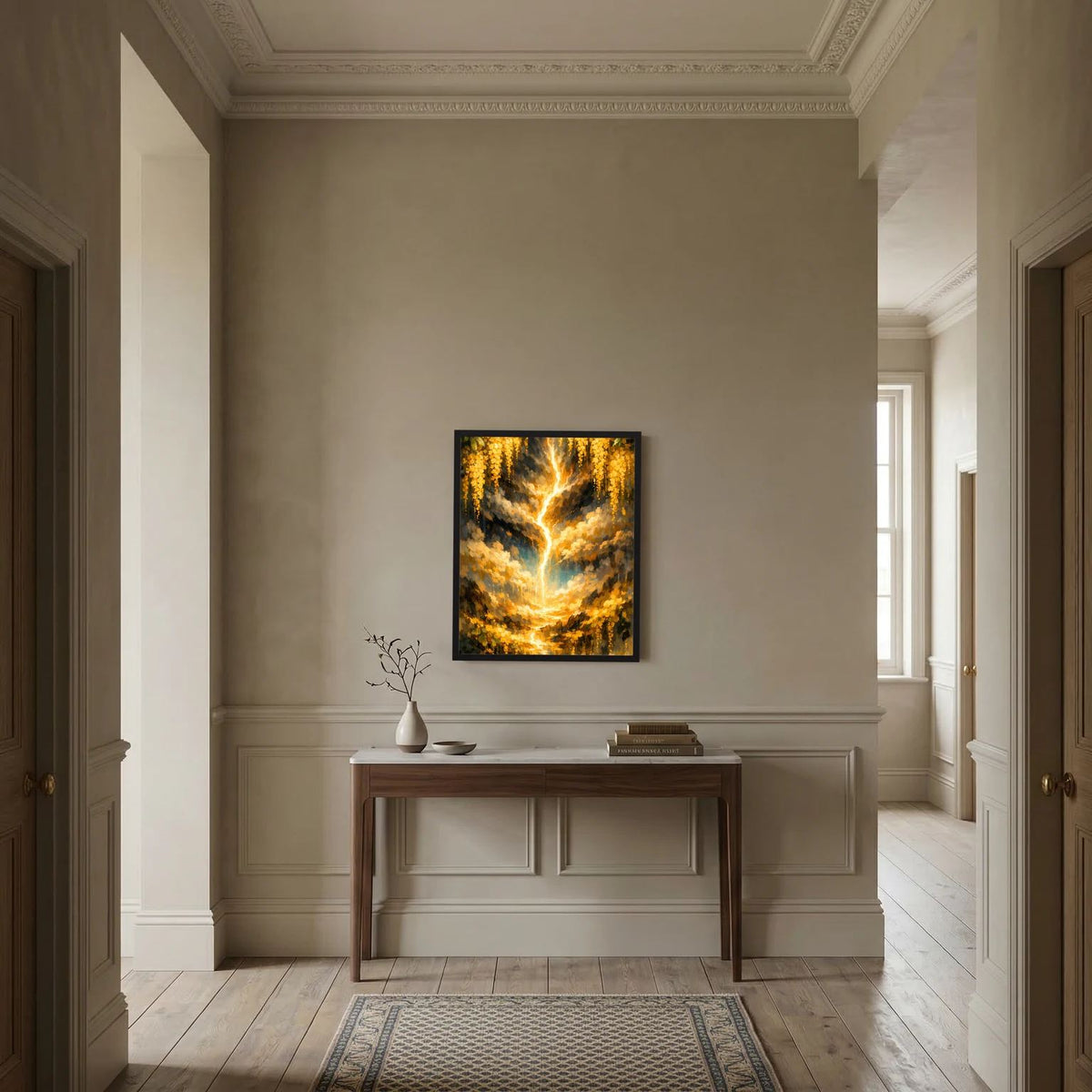 Wandbild mit goldenem Lebensbaum-Motiv und hellem Glanz im schwarzen Rahmen