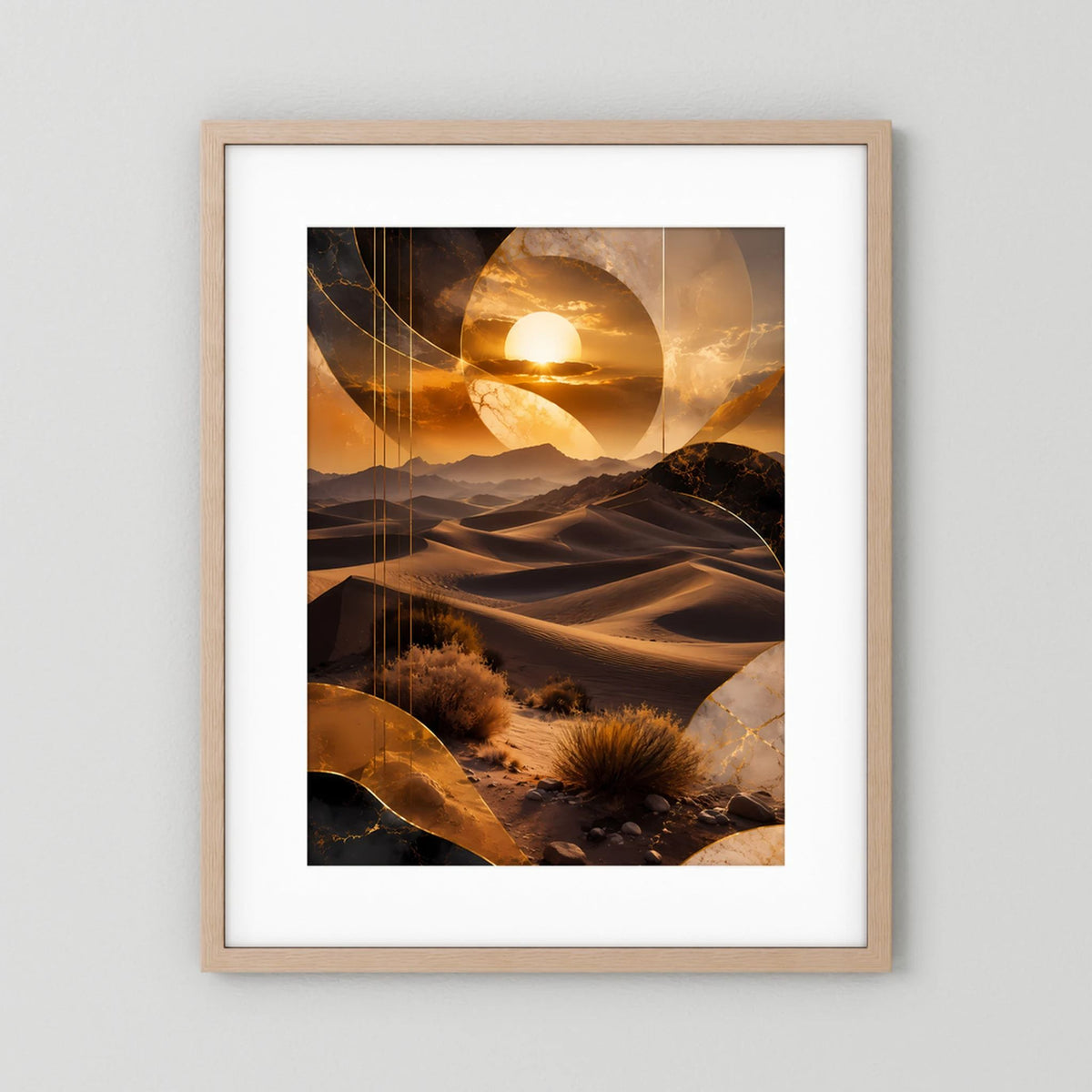 Hochformat-Poster mit goldbrauner Wüstenlandschaft und Sonnenball, Holzrahmen und weißem Rand