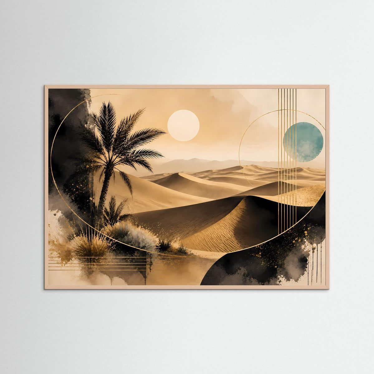 Poster im braunen Holzrahmen: goldene Sanddünen, Palme und abstrakte Sonne im Querformat